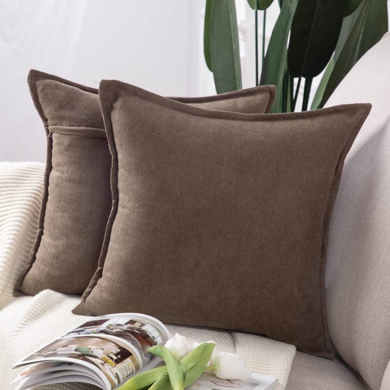 lot 24798 image: Set of 2 Short Chenille Throw Pillow Covers 20x20 Inch Coffee Soft Decorative Cushion Cover for Sofa Bedroom Pillow Shell - Retail $18