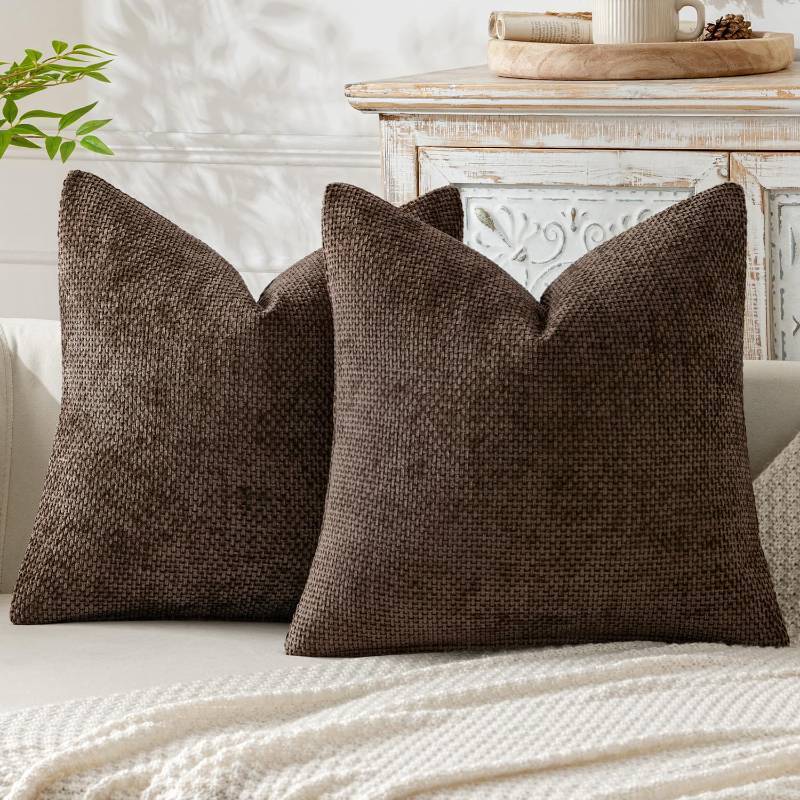 lot 24799 image: Pack of 2 Couch Throw Pillow Covers 18x18 Inch Neutral Dark Brown Boho Accent Decorative Pillow Covers Soft Chenille Farmhouse Cushion Covers for Home Decor Bed Sofa Living Room - Retail $17