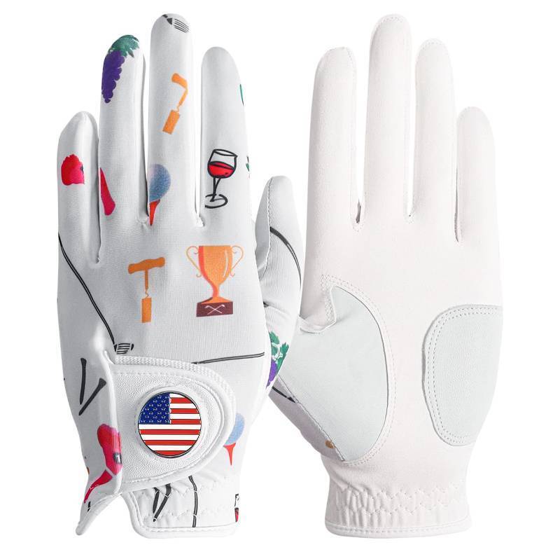 lot 24812 image: Amy Sport Ladies Golf Gloves with Ball Marker Left Right Hand Rain Grip Pack, Soft Womens Glove All Weather Printed Breathable Small Medium Large XL (Wine&Golf, Medium-Worn on Left Hand) - Retail $12