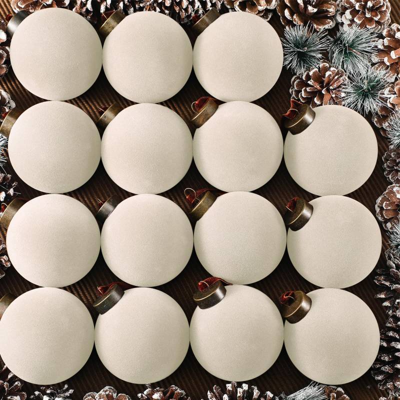 lot 24827 image: 15 Pcs Velvet Christmas Balls Bulk Flocked Christmas Tree Ball Ornaments Plastic Xmas Decorative Hanging Ornaments(Creamy White,3.15 Inch) - Retail $34