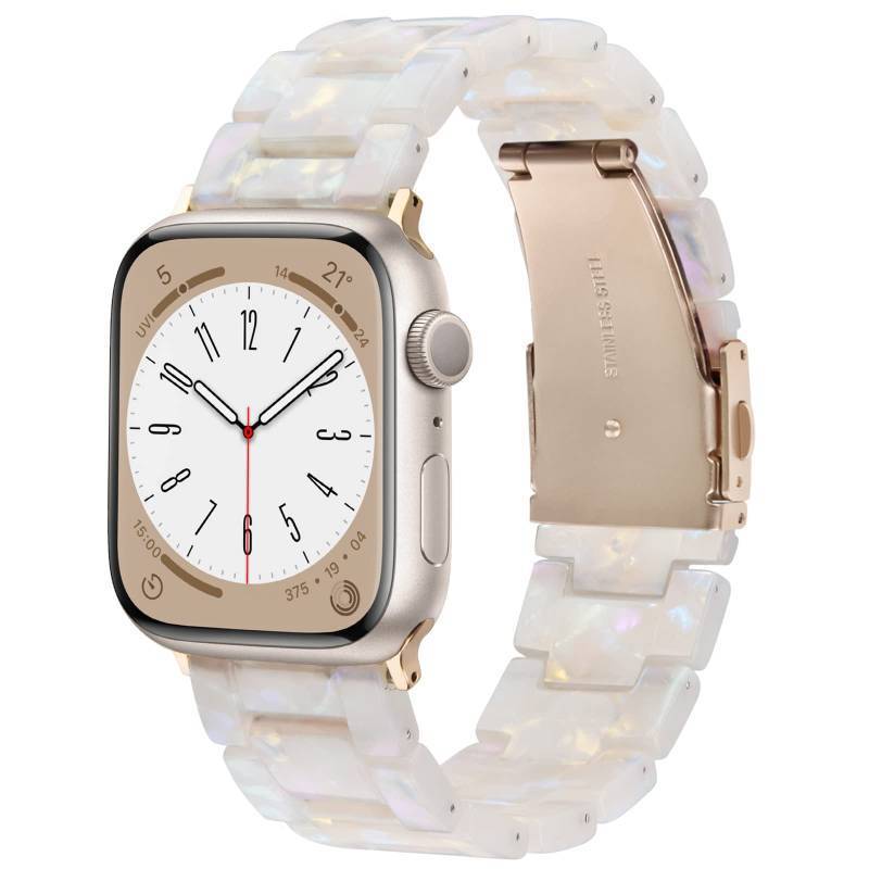 lot 24845 image: Resin Band Compatible with Apple Watch Series 7891011 41403842mm, Women Fashion Strap for iWatch Series 654321SE, Lightweight Bracelet Wristband Replacement, Ivory White-Rose Gold - Retail $13