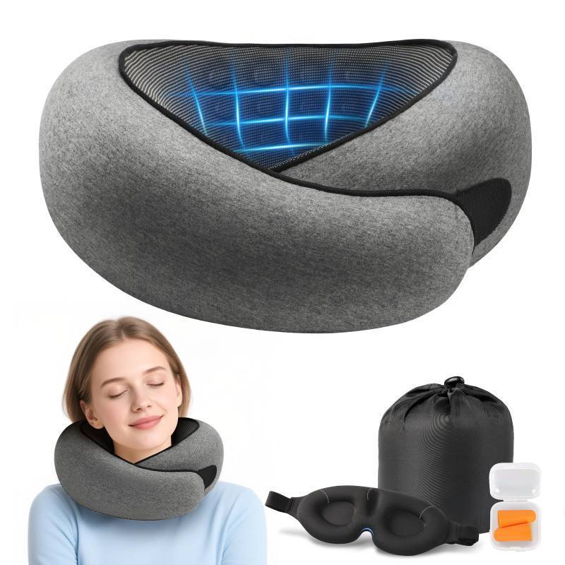 lot 24859 image: Advanced Memory Foam Neck Travel Pillow, Neck Pillow Airplane with Eye Mask & Ear Plugs, Designed for The Comfort of Travel & Office, Travel Pillow for Plane, Car, Home, Work, Dark Grey - Retail $50