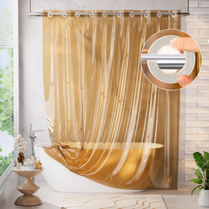 lot 24864 image: No Hook Shower Curtain and Liner 3-in-1, 8G Luxury Heavy Duty Clear Orange No Hook Shower Curtain Liner, 72x75 Cute EVA Bathroom Weighted Plastic Shower Curtain with 3 Heavyweight Stones - Retail $18
