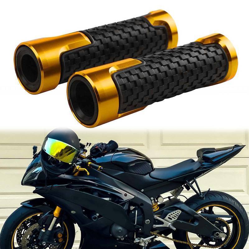 lot 24877 image: JMTBNO Universal 78 22MM Motorcycle Handles Grips CNC Rubber Motorcycle Grips Compatible with Honda Yamaha Suzuki Kawasaki Dirt Bike (Gold-Grip) - Retail $15