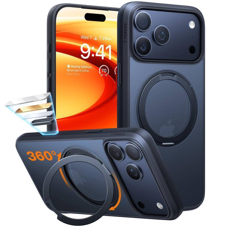 lot 34422 image: 360 Magnetic Stand for iPhone 17 Pro Max Case with Camera Control Button, Fit for MagSafe with Ring, Mil-Grade Protection, Translucent Slim for iPhone 17 ProMax Case, Black - Retail $31