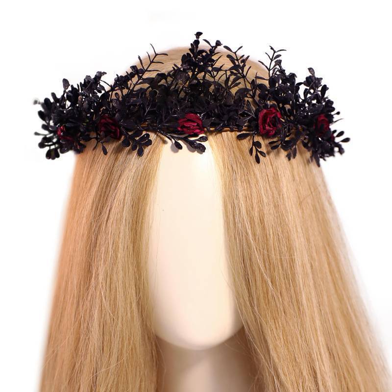 lot 43436 image: Gothic Black Flower Crown - Woodland Fairy Headpiece Dark Forest Circlet Elf Leaf Tiara for Women Witch Goth Wedding Renaissance Halloween Renfaire Cosplay - Retail $19