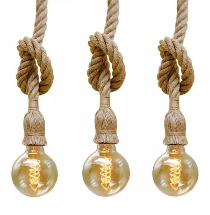 lot 43467 image: Set of 3 Rustic Vintage Hemp Rope Pendant Lights Handcrafted Farmhouse Hanging Light Fixtures with Adjustable Heights for Kitchen Island, Dining Room, or Bar Decor. NO Bulbs.  - Retail $27