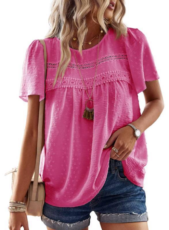 lot 53932 image: Womens Hot Pink Tops Swiss Dots Blouses for Women Boho Shirts for Women Hippie Solid Round Neck Lace Hem Flowy Short Sleeve Girls M - Retail $30
