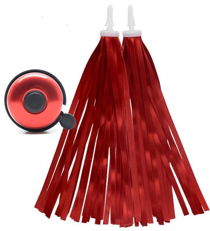lot 54024 image: Red Bike Bell Red Bike Streamers Ribbon Bicycle Tassels for Bike Handlebar Decorations - Retail $10