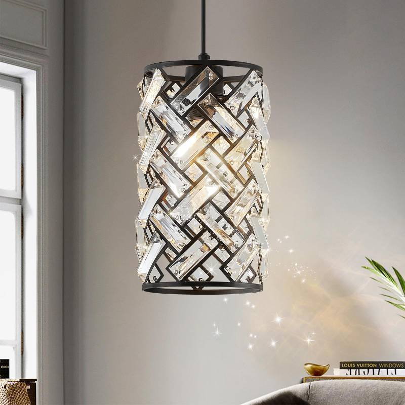 lot 54043 image: Modern Black Crystal Pendant Light Fixture - Mini Chandelier for Kitchen Island, Dining Room, Living Room, Hallway, Porch, Bedroom Lighting - Retail $100