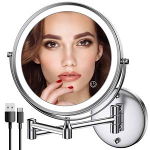 lot 61783 image: Rechargeable Wall Mounted Lighted Makeup Mirror Chrome, 8 Inch Double-Sided LED Vanity Mirror 1X10X Magnification,3 Color Lights Touch Screen Dimmable 360°Swivel 13 Inch Extendable - Retail $37