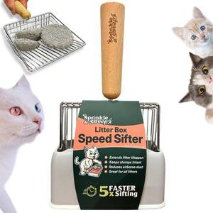 lot 61808 image: Sprinkle & Sweep Metal Cat Litter Scoop - Heavy Duty Litter Scooper & Speed Sifter with Comfortable Beech Wood Grip - Washable Convenient Stand for Easy and Efficient Cleaning - Retail $18