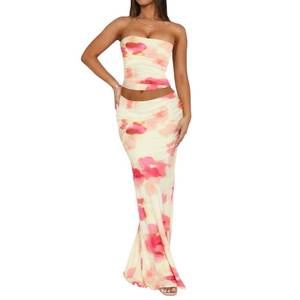 lot 61809 image: Two Piece Skirt Set for Women, Strapless Going Out Crop Tops High Waist Maxi Skirts Summer Floral 2 Piece Outfits Yellow M - Retail $40