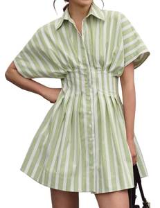 Summer Button Down Pleated Shirt Dress for Women Striped Print V Neck Short Sleeve Mini Dress Casual Corset Dresses - Retail: $32