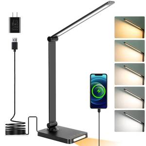 lot 61823 image: LED Desk Lamp with USB Ports, Touch Desk Lamps for Home Office with 5 Color Modes,3 Brightness Desk Light with Small Night Light, Reading Lamp Table Lamp for Bedroom Bedside Study Black with Adapter - Retail $20