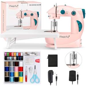 lot 61858 image: Mini Sewing Machine with Extension Table, Dual Speed Portable Sewing Machine for Beginners with Light, Sewing Kit for Household Use, Pink