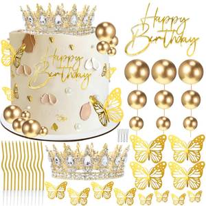 lot 61860 image: Crown Cake Topper, Gold Happy Birthday Cake Toppers Crown Balls Candles Butterflies, Corona Para Pastel, Cake Decorations for Women Princess Queen Wedding Party Decorations (Gold, White) - Retail $13
