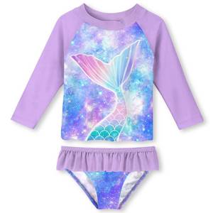 lot 61871 image: Girls Rash Guard Swimsuit Size 5 6 Bathing Suit Mermaid Purple Long Sleeve 2 Piece Swimwear Rash Guard Set Kid 5-6 Years - Retail $15