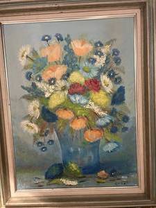 lot 2801 image: Floral Still Life Oil Painting in White Frame