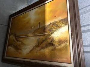 lot 2804 image: Abstract Gold Tone Artwork in Brown Frame