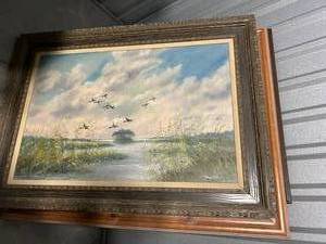 lot 2811 image: Framed Duck Migration Oil Painting