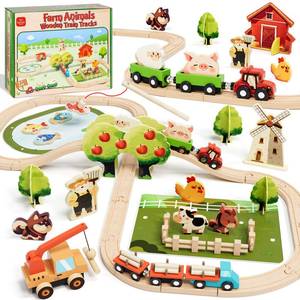 lot 293 image: Lehoo Castle Wooden Train Set for Toddlers 2-4, Wooden Train Track, Farm Animals Toys for Ages 3-5, 3 Year Old Boy Gift, Toys for 4 Year Old Boys