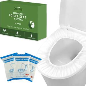 lot 298 image: Oubliss Commode Disposable Toilet Seat Covers Waterproof �� 50 Pack, Individually Wrapped, Non-Woven Travel Toilet Seat Cover for Public Restrooms, Hospitals & Trips