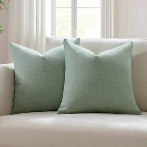 lot 346 image: Meekio Set of 2 Sage Green Pillow Covers 20 x 20 Inch Farmhouse Boho Decorative Throw Pillow Covers Linen Cushion Covers for Sofa Couch D�cor