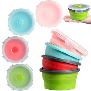 lot 348 image: Suclain 4 Pcs Collapsible Bowls with Lids Silicone Camping Food Storage Container Expandable Folding Salad Lunch Box Travel Container for Hiking Camping(Red, Pink, Blue, Green,12 oz)