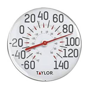 lot 374 image: Taylor Metal Wall Indoor Outdoor Thermometer, Wireless Thermometer with Easy to Read Large Numbers for Patio, Pool, and Indoor Areas, 12-inch, White plastic is cracked on front see pictures AS-IS