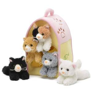 lot 387 image: Plush Cat House with Cats - Five (5) Stuffed Animal Cats in Play Kitten House Carrying Case