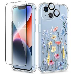 lot 393 image: GVIEWIN for iPhone 14 Case Floral, with Screen Protector & Camera Lens Protector,Non Yellowing Soft Shockproof Clear Phone Protective Cover for Women, Flower Pattern Design 6.1(AconiteLight Blue)