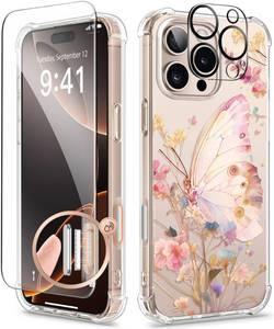 lot 395 image: GVIEWIN for iPhone 16 Pro Case Floral, with Screen Protector&Camera Lens Protector, Non Yellowing Slim Shockproof Clear Phone Protective Cover for Women, Flower Pattern Design 6.3(Magic Butterfly)