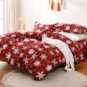 lot 400 image: JSD Red Buffalo Plaid Snowflakes Duvet Cover Set King Size, 3 Piece Christmas Winter Printed Microfiber Duvet Comforter Covers