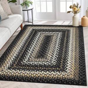 lot 404 image: ROYHOME Geometric Area Rug 3x5 Machine Washable Rug Boho Rug Braided Print Area Rug Modern Indoor Throw Carpet Rustic Accent Floor Carpet for Living Room Bedroom Kitchen Nursery Office, Black
