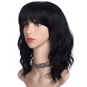 lot 425 image: morvally Short Black Wavy Bob Wig with Bangs for Women 16 Inches Natural Synthetic Hair Wavy Wigs