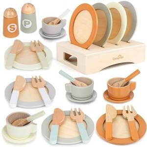 lot 433 image: Wooden Play Dishes and Plates for Kids Kitchen Set, 27 PCS Wooden Play Kitchen Accessories, Kitchen Toy for Toddlers Boys Girls 3 4 5 6