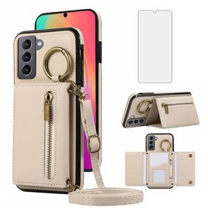 lot 434 image: Asuwish Compatible with Samsung Galaxy S21 FE 5G Wallet Case with Screen Protector and Crossbody Shoulder Strap Card Holder Cell Phone Cover for S 21 EF S21FE5G UW S21FE 21S G5 6.4 inch Women Beige