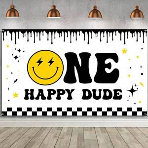 lot 457 image: One Happy Dude Newborn Boys & Girls Birthday Banner - 1st Birthday Photo Booth Background - 70.8 x 43.3 Inch