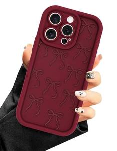 lot 463 image: Aitipy Burgundy Red Phone Case for iPhone 15 Pro Max, Cute Aesthetic Red Bow Design Case, Soft Silicone Slim Shockproof Protective Phone Cover for Women Girls - Maroon
