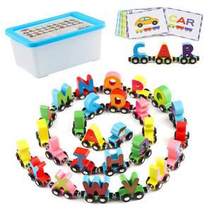 lot 472 image: Wondertoys Wooden Alphabet Train Toy 27 PCS Magnetic Alphabet ABC Letter Train Set Includes 42 PCS Flash Cards, 1 Engine and 1 Storage Box for Toddlers Kids Boys and Girls