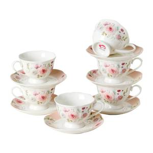 lot 479 image: PRECITIME Floral Porcelain Tea Cup Set of 6 (12-Piece), 6 Cups & 6 Saucers with Rose Pattern, 6oz Scalloped Edge Coffee Cups, Dishwasher & Microwave Safe, Elegant Gift