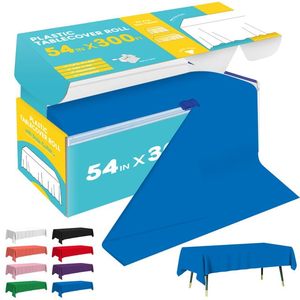 lot 488 image: Niuara Blue Plastic Table Cover Roll - 54IN x 300FT, Table Cloth for Rectangle Table with Slide Cutter, Plastic Table Cloth Disposable with Cut-to-Size Design for Weddings, Banquets, Parties
