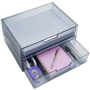 lot 491 image: STORi STAX Plastic Stackable Organizer Drawers (Set of 2) Classic Grey  12.5 Wide  Set Includes One Open Drawer & One Divided Drawer  Organize Office Desk Accessories & Sort Paper  Made in USA small crack see additional photo. AS-IS