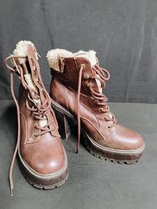 lot 1638 image: Brown Faux Leather Platform Combat Boots with Sherpa Lining