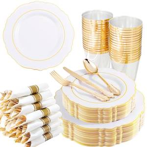 lot 3846 image: Liacere 350PCS Gold Plastic Plates-Disposable White and Gold Plates 50guest Baroque Plastic Dinnerware include 100Plates, 50Pack Pre Rolled Napkins with Silverware 50Cups for Wedding&New Years - Retail $54