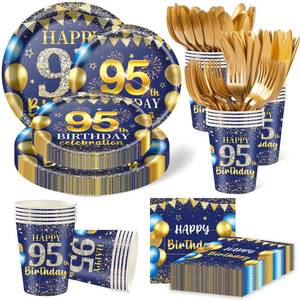 lot 3855 image: 350PCS 95th Birthday Party Decorations for 50 Guests Blue and Gold Party Supplies for Men Include Disposable Paper Plates, Napkins, Cups, and Disposable Plastic Cutlery (95) - Retail $30