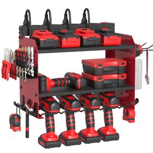 lot 3856 image: Power Tool Organizer Wall Mount with Charging Station, Garage Storage Rack for Cordless Drill, Tool Battery, Bit and Screwdriver, Utility Shelf with Power Strip and Hooks (3 Layer) - Retail $53