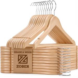 lot 3862 image: ZOBER High-Grade Wooden Hangers - Heavy Duty, Non Slip Wood Hangers for Coats, Jackets, Suits, & Pants - Clothes Hangers for Closet WBar and Notches 20 Pack - Retail $30