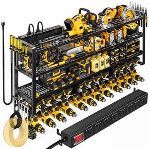 lot 3867 image: POKIPO 49.5 W Large Power Tool Organizer Wall Mount with Charging Station, 4 Tier Heavy Duty 12 Cordless Drills Holder Load 800 lb, Tool Battery Storage Rack Built in 8 Outlet Power Strip for Garage - Retail $100